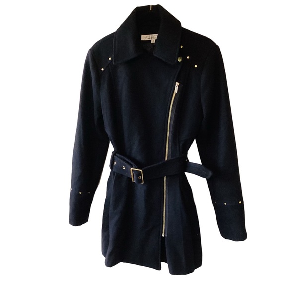 Kenneth Cole Jackets & Blazers - Kenneth Cole Asymmetrical Zip Coat with Belt Size 4 Black Winter Warm Wool Blend